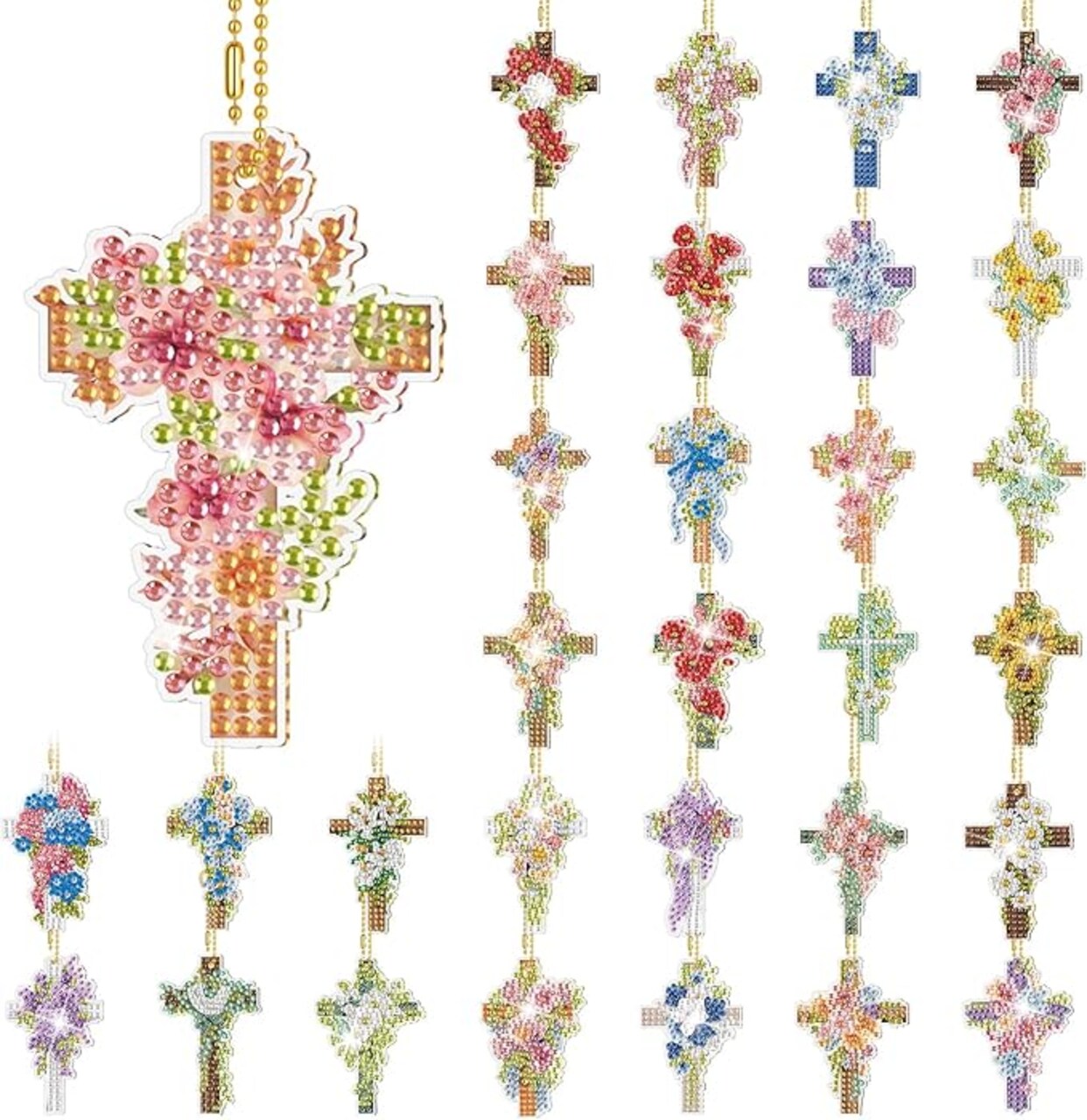 Diamond Art Sets for Adult, Christian Cross Spring Flower Diamond Painting Keychains Double Sided Diamonds Hanging Decoration for Beginners Craft and Religious Easter Gift